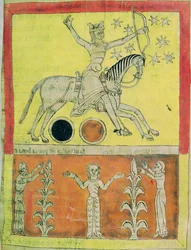 The White Knight on a white horse leaves for battle against Satan. miniature from the 